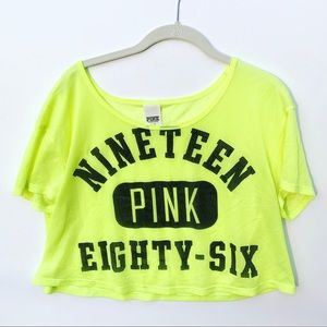 PINK — Neon Yellow Jersey Crop Top, Size Large